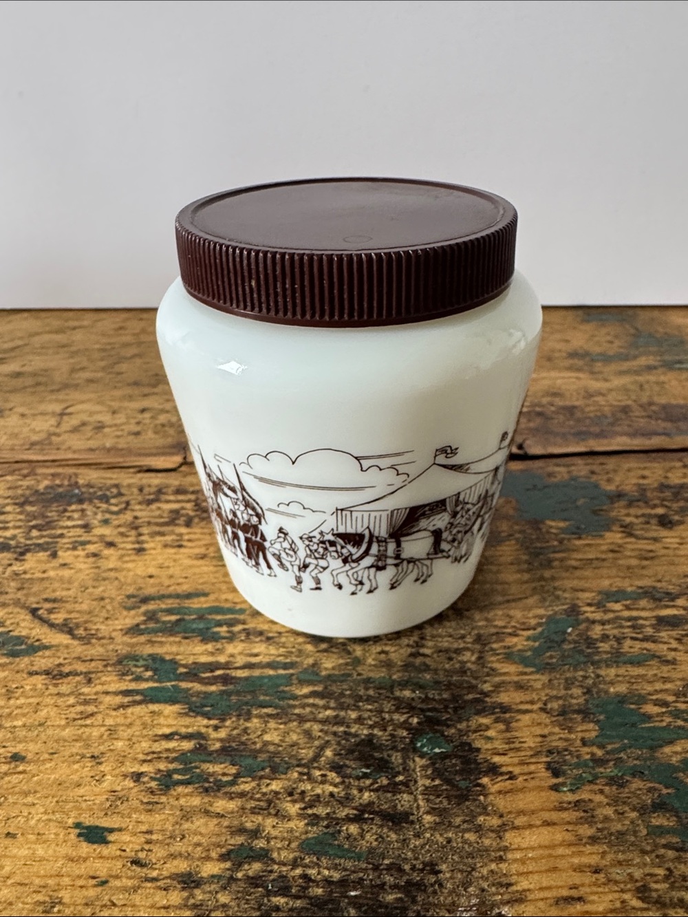 Vintage Milk Glass Jar with Brown Lid and Country Scene - Picture 6 of 6